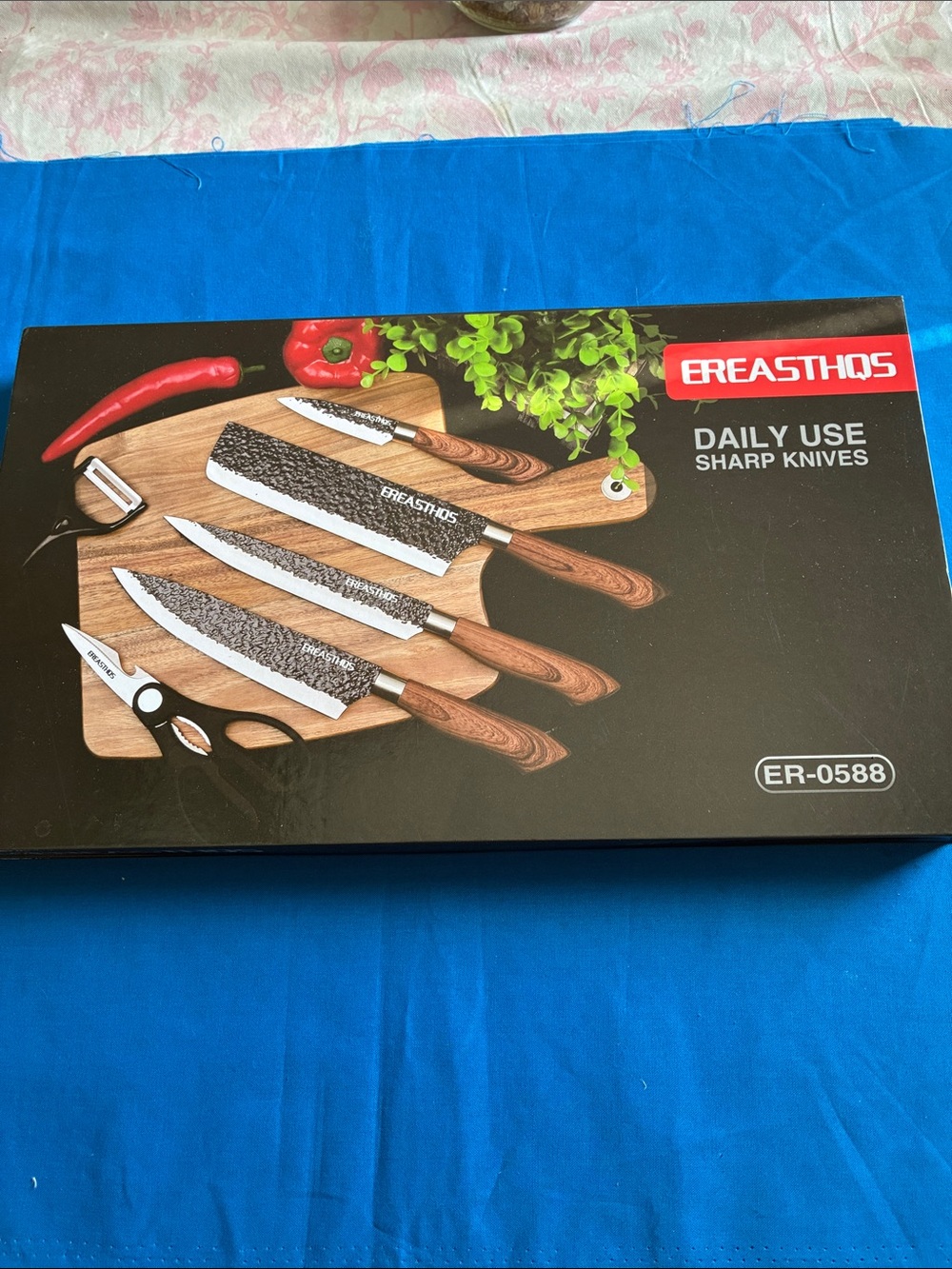 Ereasthqs Knife Set - Brown Wood Handle, Silver Blades